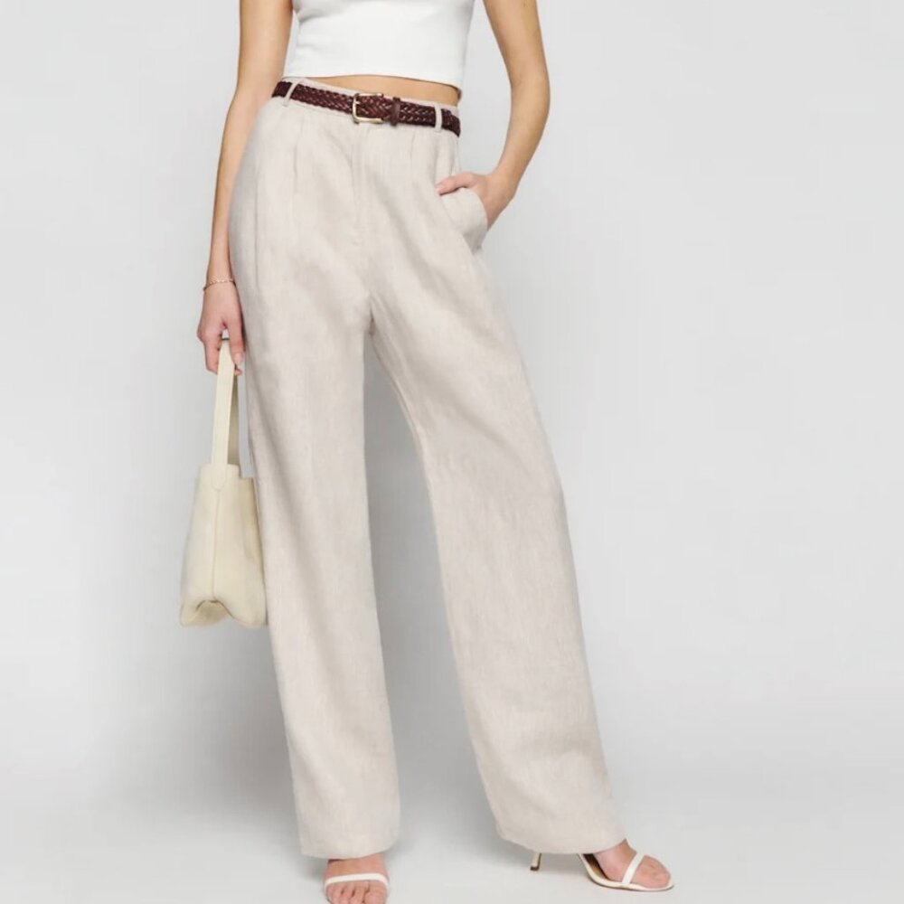 Reformation Petites Mason Linen Pant Oatmeal - Size 4P